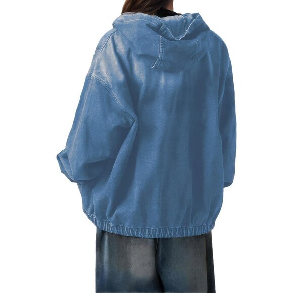 Women's Denim Hoodie Zip Up Jacket with Pockets Casual Warmth and Style - Picture 3 of 4